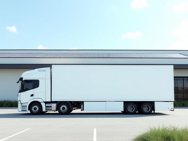 Modern fuel-efficient truck driving through a green landscapes representing eco-friendly shipping