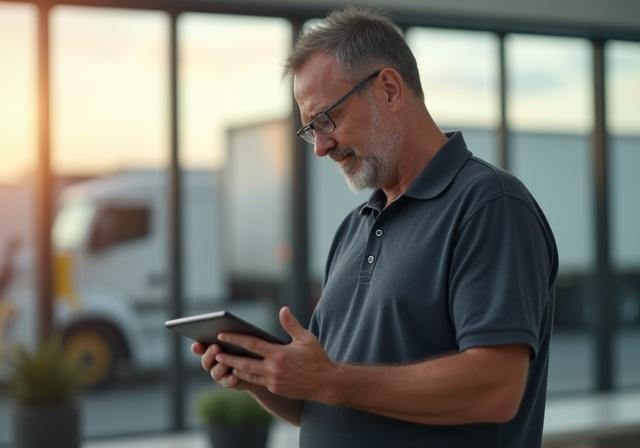 Logistics manager calmly reviewing global transport updates on a tablet